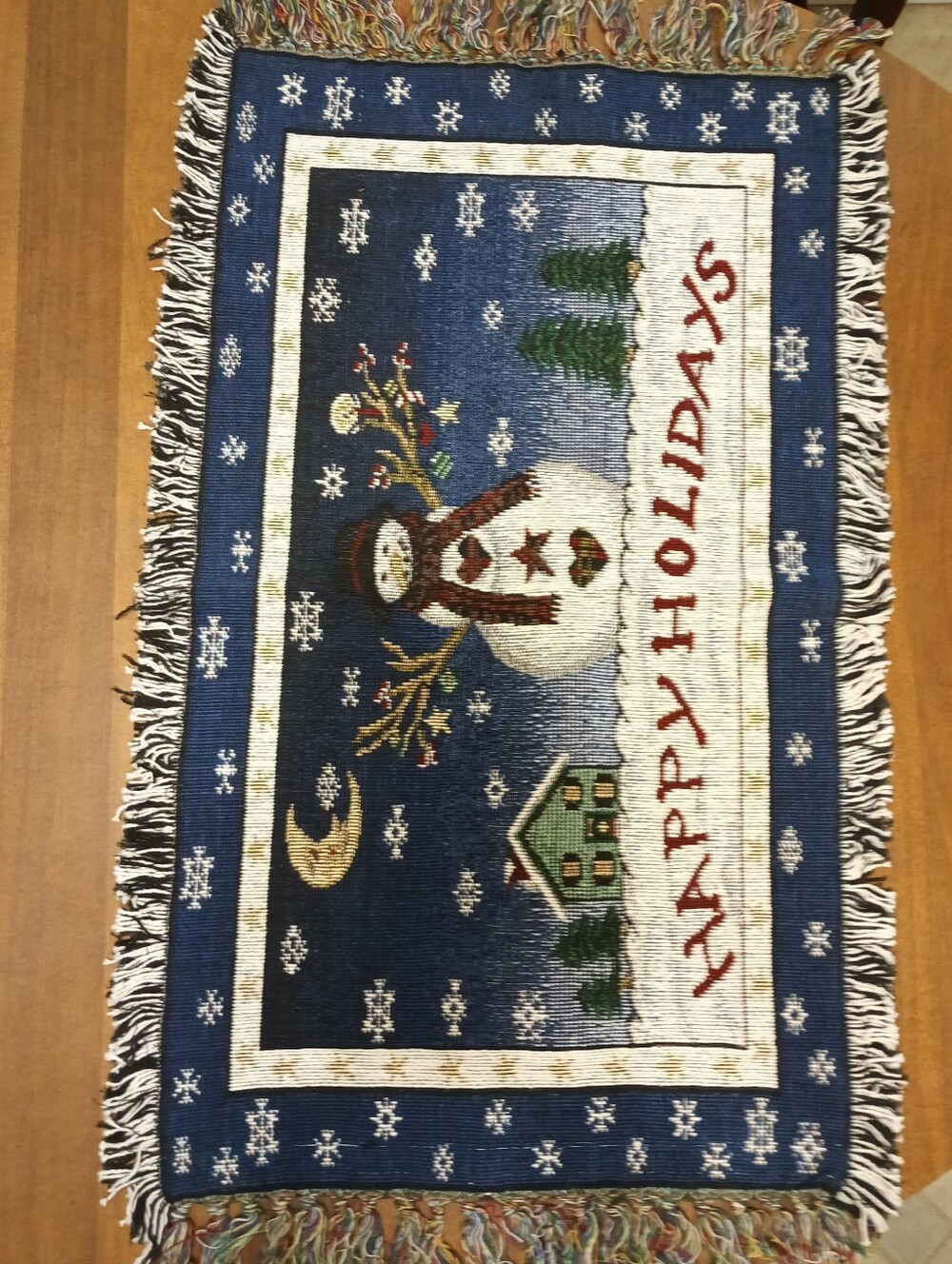 Vintage Navy Blue Snowman Christmas Tapestry Rug (37”L x 21 3/4”H)